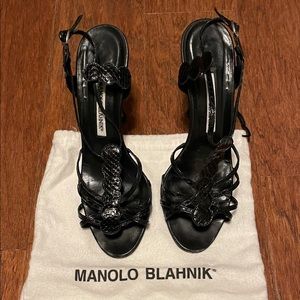Manolo Blahnik black watersnake t- strap sandals